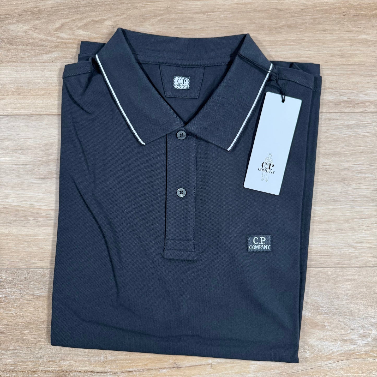 CP Company Stretch Piquet Striped Collar Polo Shirt in Black Sand