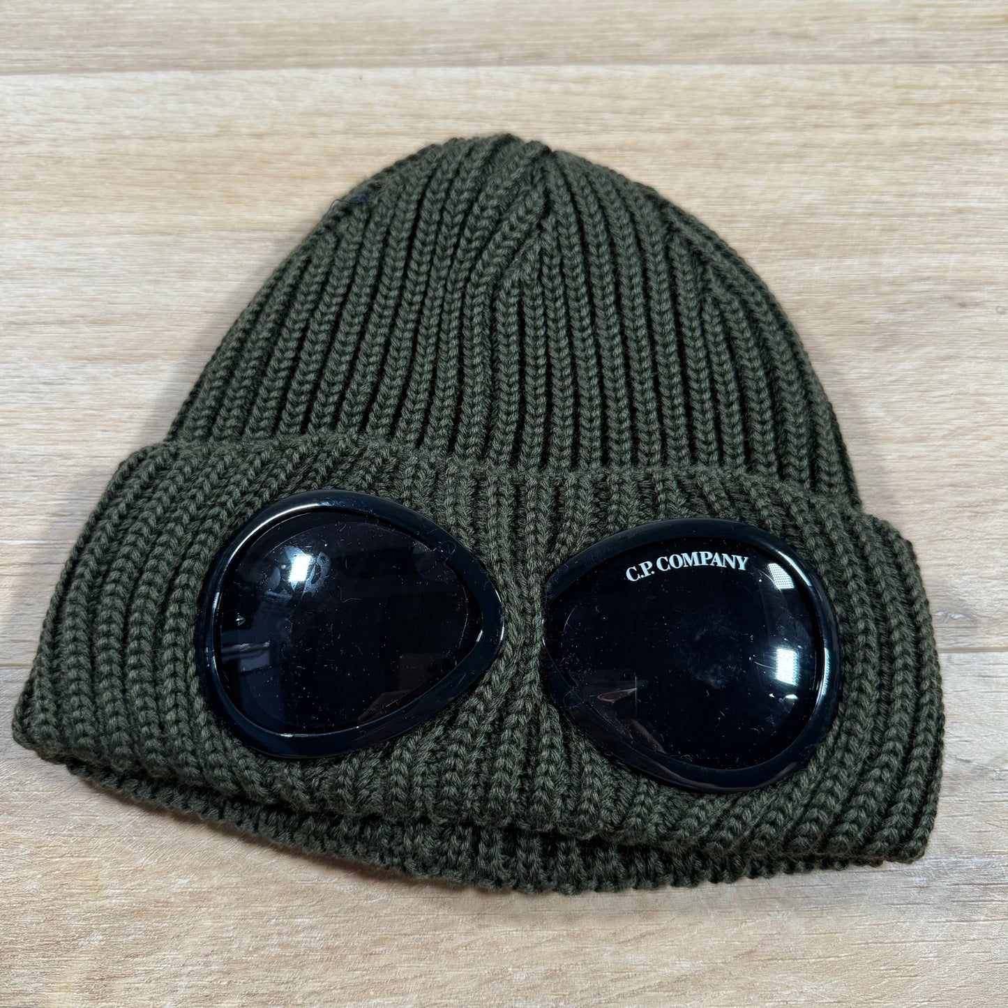 CP Company Extra Fine Merino Wool Goggle Beanie in Ivy Green