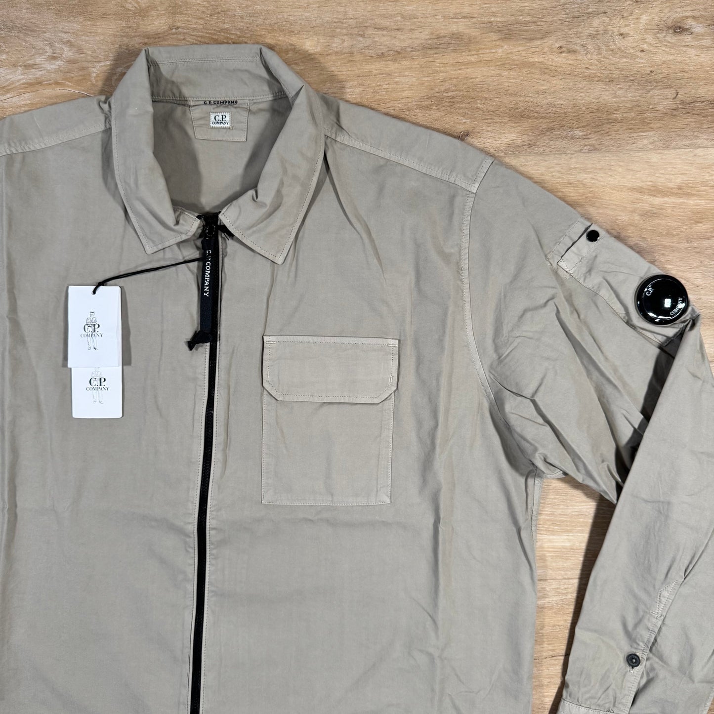 CP Company Organic Gabardine Lens Overshirt in Vintage Khaki