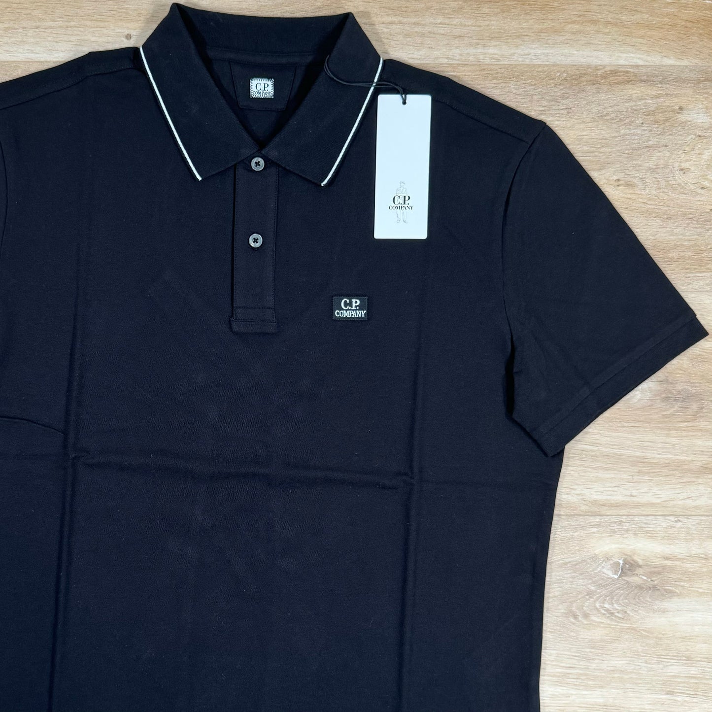 CP Company Stretch Piquet Striped Collar Polo Shirt in Black