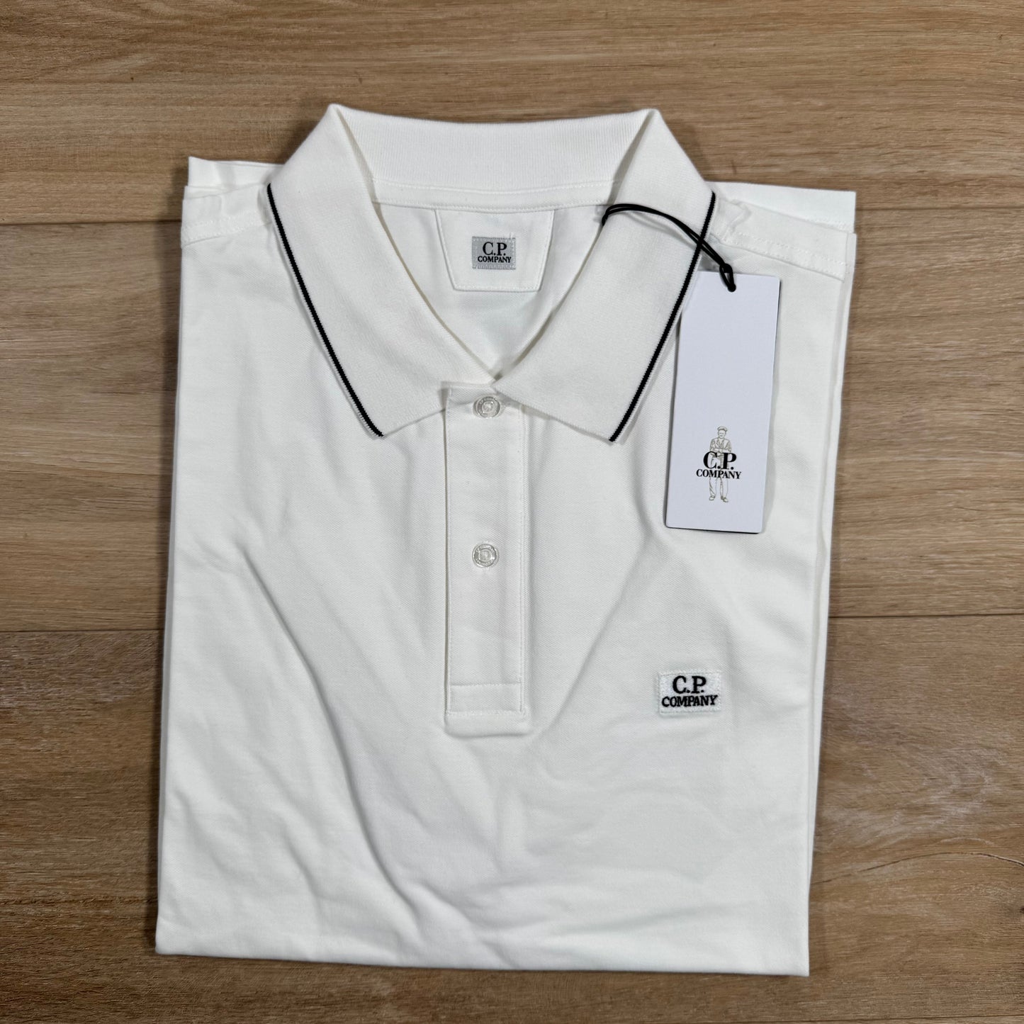 CP Company Stretch Piquet Striped Collar Polo Shirt in Gauze White